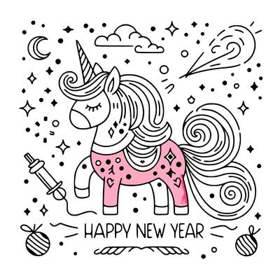 happy new year illustration calligraphic style outline; thin lines; light colors