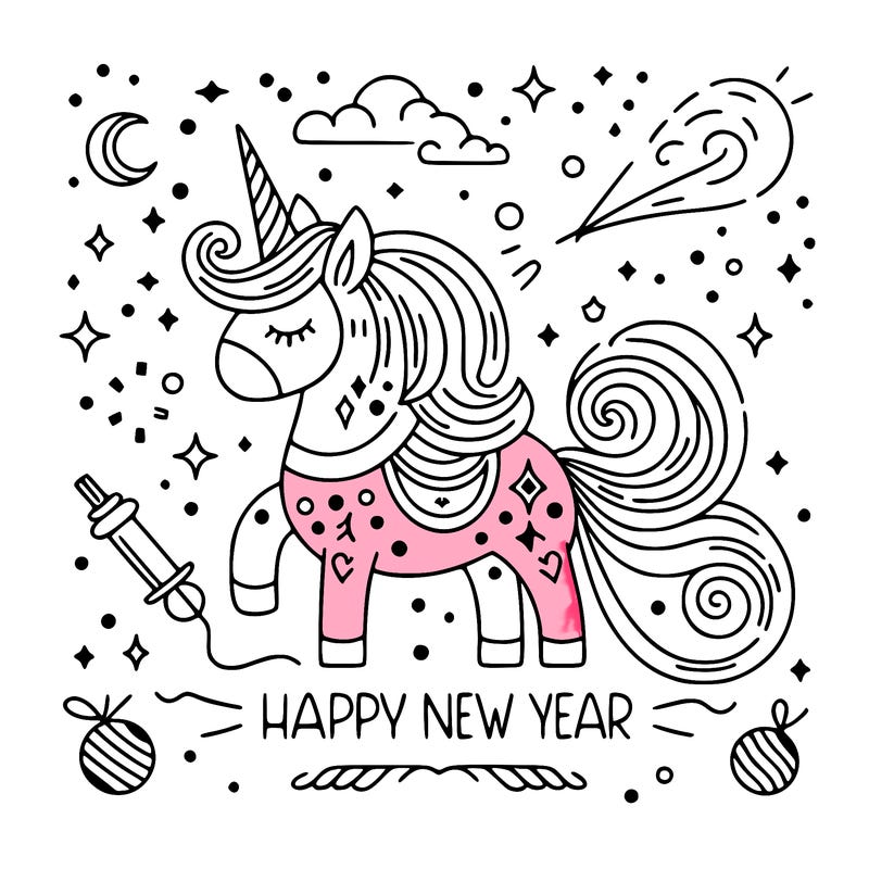 happy new year illustration calligraphic style outline; thin lines; light colors