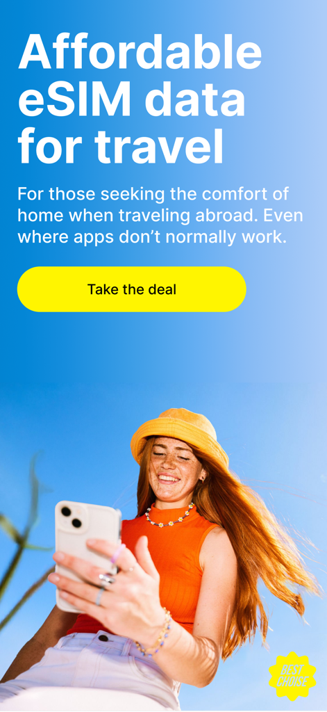 A smiling woman holding a smartphone under a clear blue sky with promotional text for affordable eSIM data for travel