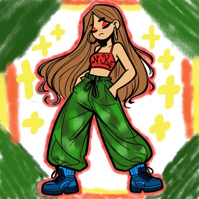 girl in baggy pants crop top and long hair