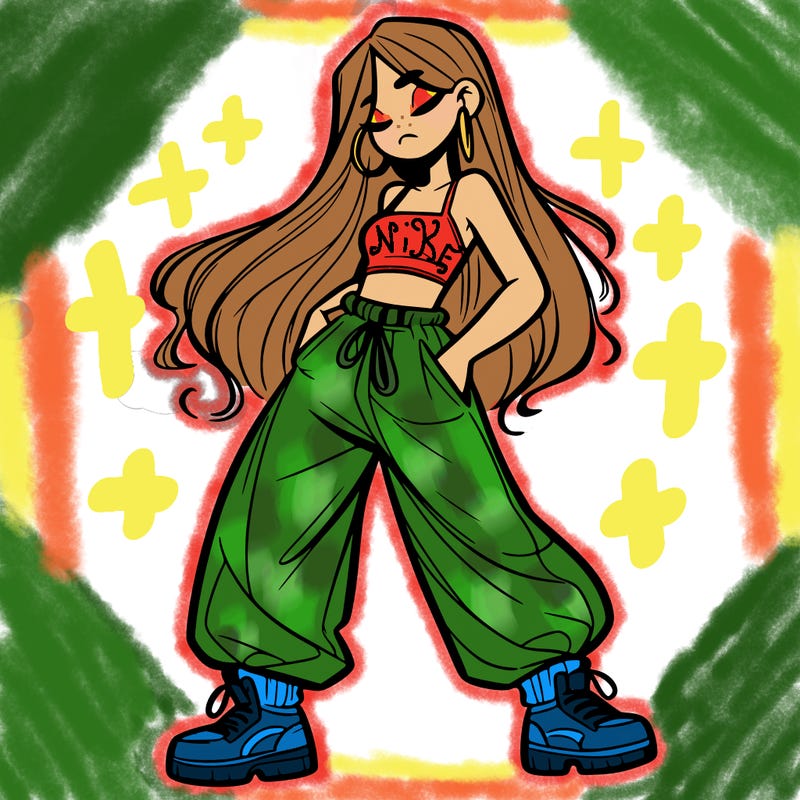 girl in baggy pants crop top and long hair