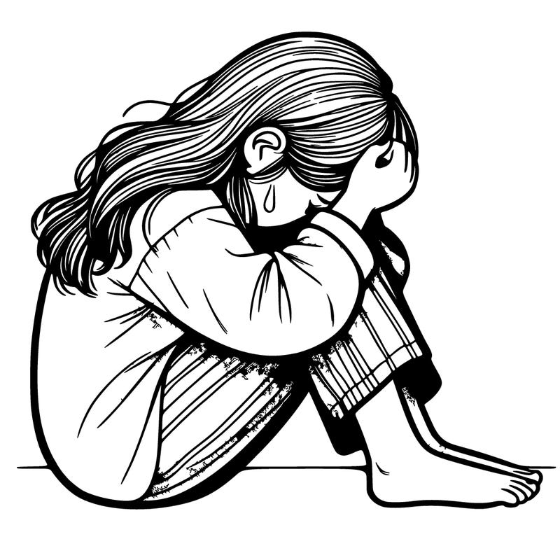 a realistic girl crying on the floor with her head on her knees and you can't see her face just her hair