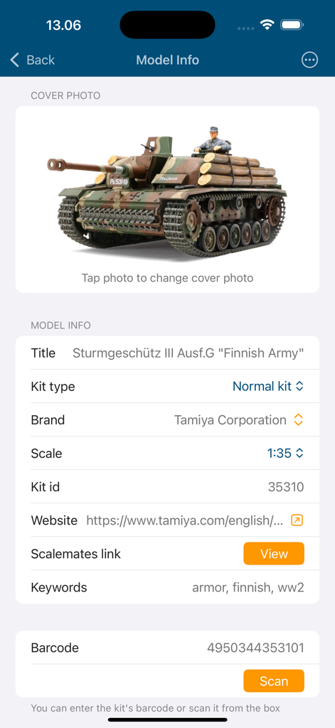 Schermata dei dettagli del modello per un kit di carro armato Tamiya nell'app Model Colors