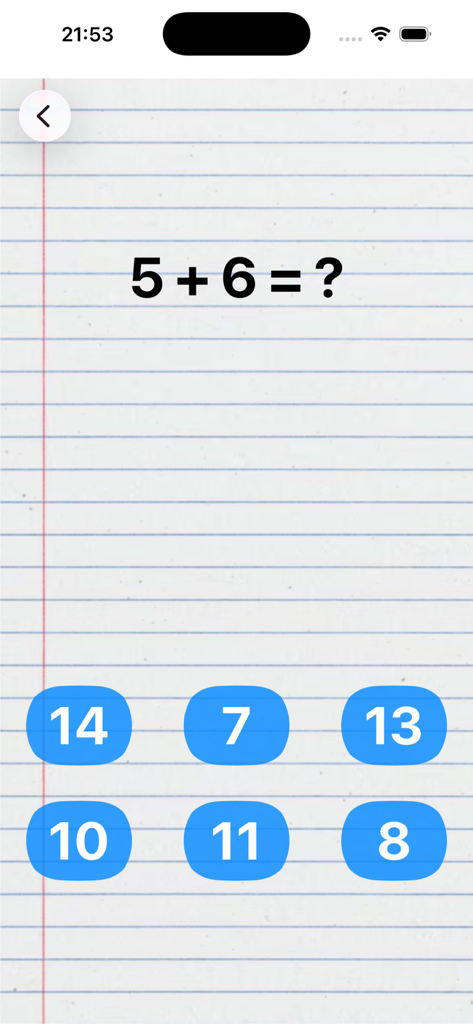 Math-Hero - Math Hero app interface showing an addition problem on a notebook paper background with multiple choice buttons