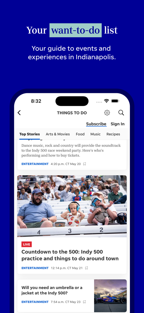 IndyStar: Indianapolis Star - IndyStar app interface displaying local events and things to do in Indianapolis