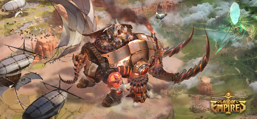 Land of Empires: Immortal - Un titán mecánico gigante transportando una ciudad sobre su espalda a través de un mundo de fantasía con dirigibles