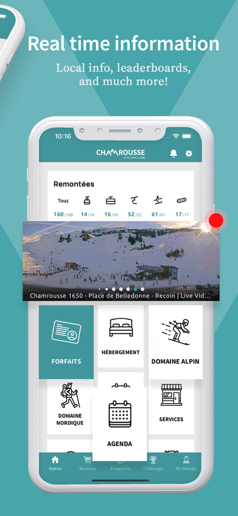 Chamrousse mobile app dashboard with live webcam and ski lift status