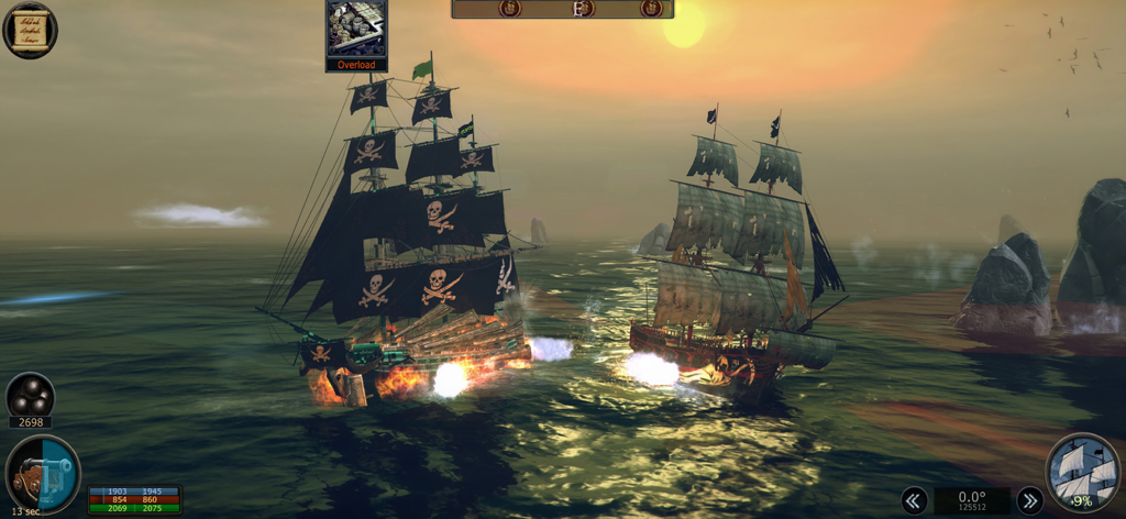 Tempest: Pirate RPG Premium - Two pirate ships engaged in a naval battle at sunset in the Tempest Pirate RPG mobile game.