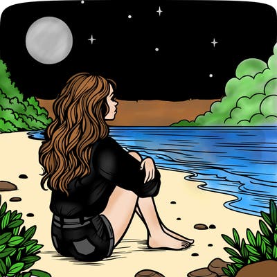 realistic girl sitting on the beach at night