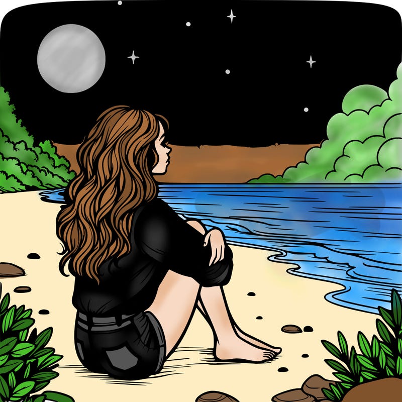 realistic girl sitting on the beach at night