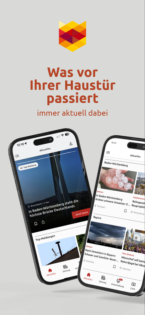 Schwabische App-Oberfläche mit regionalen Nachrichten für Baden-Württemberg und Bayern