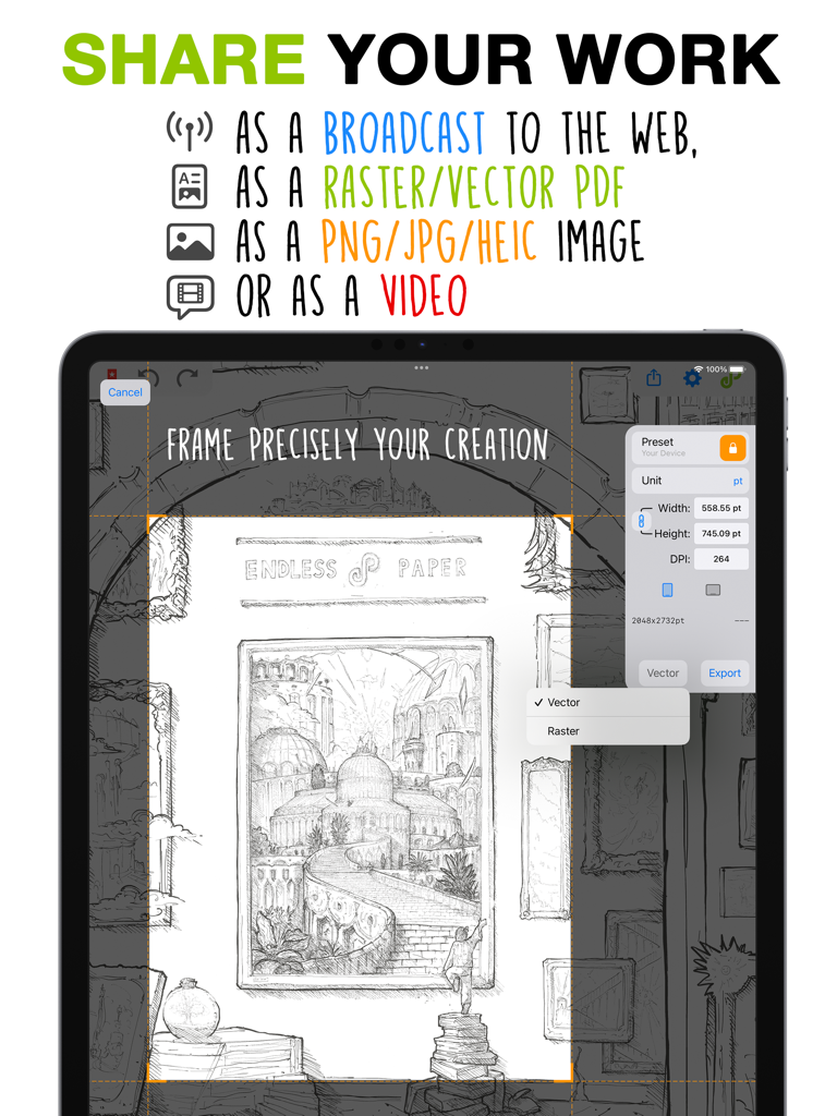 Endless Paper - iPad screen showing export settings for sharing digital artwork in vector or raster formats within the Endless Paper app