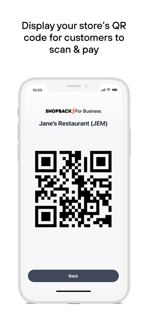 ShopBack for Business - Staff - ShopBack for Business app screen showing a merchant QR code for customer scan and pay