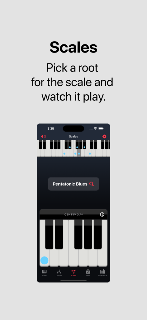 Nota - Chords & Scales Piano - Oberfläche der Nota-App, die den Skalenbrowser mit ausgewählter pentatonischer Blues-Skala zeigt.
