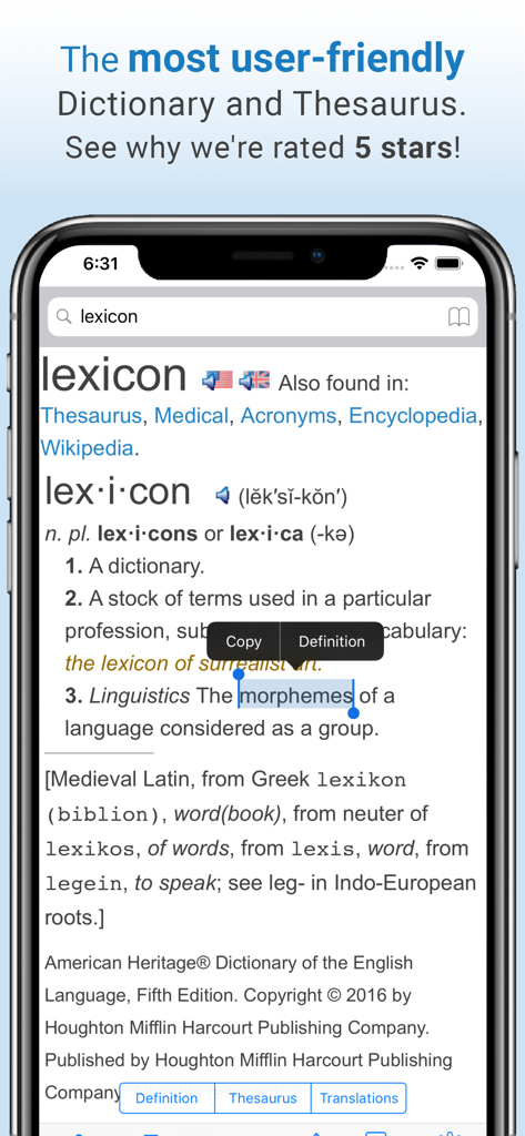 Screenshot of the Farlex Dictionary app on an iPhone showing the definition and etymology for the word lexicon.