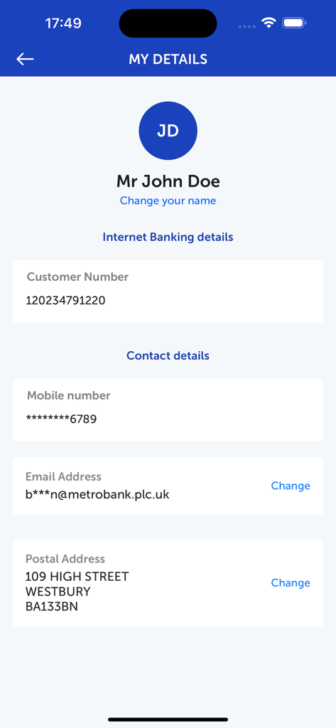 Metro Bank Mobile Banking - Metro Bank mobile banking app screen showing personal account details and contact information.