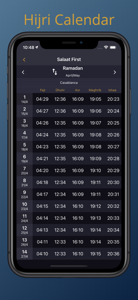 Salaat First - الصلاة أولا - Monatlicher Hidschri-Kalender mit den täglichen Gebetszeiten für den Ramadan in der Salaat-First-App