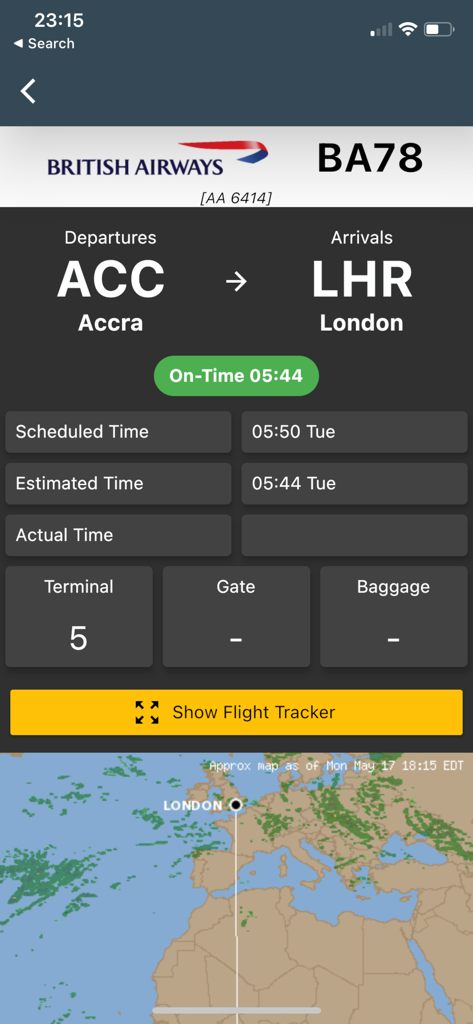 Real time flight tracking screen showing flight status and map within the Birmingham Airport app.