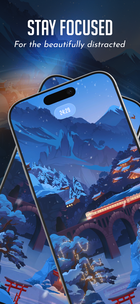 Bento Focus - Focus Timer - A smartphone screen displaying a calming Japanese winter landscape with a focus timer and the slogan Stay Focused.