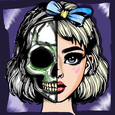 realistic girl with half skull mask