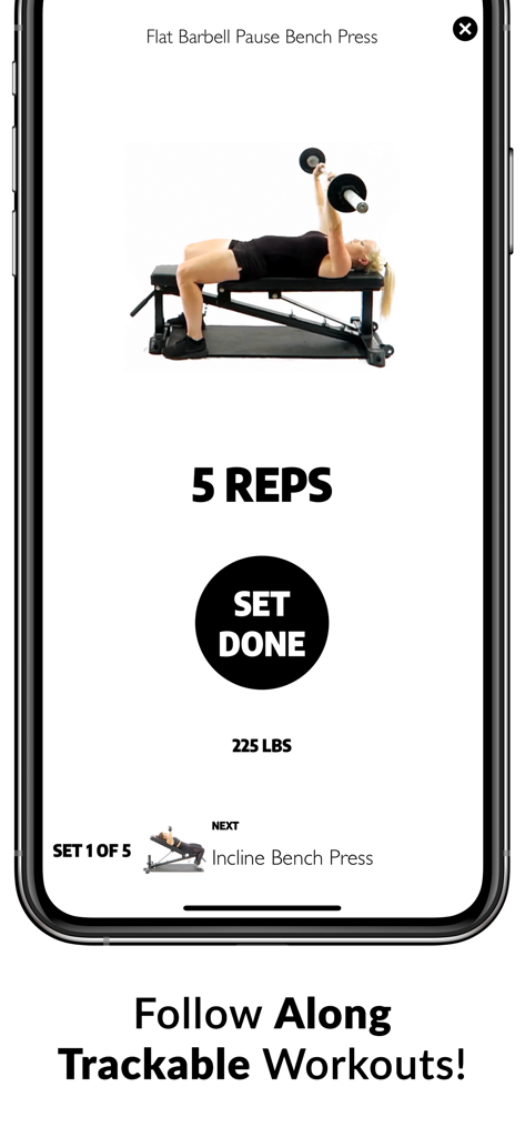 Exerprise Workout Meal Planner - A smartphone screen showing the Exerprise app workout tracker with a bench press exercise.