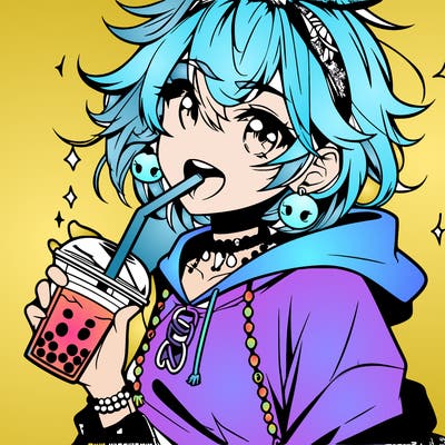 hot baddie anime girl drinking boba and biting the straw
