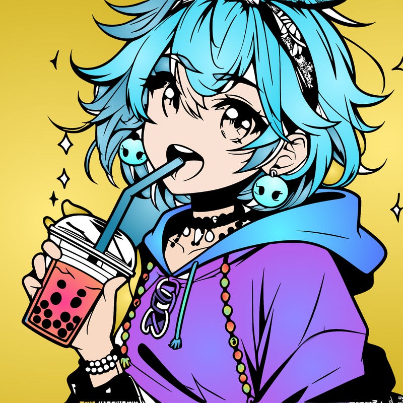 hot baddie anime girl drinking boba and biting the straw