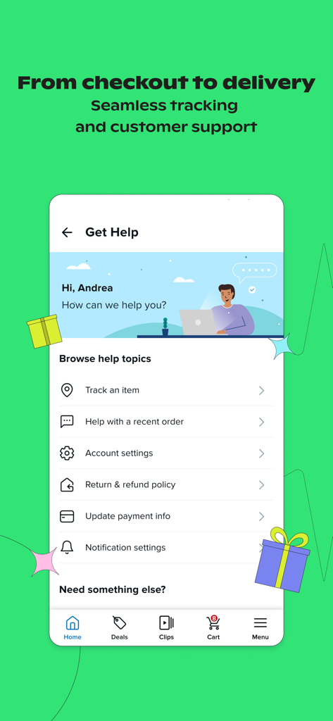Pantalla del centro de ayuda de la aplicación Wish que muestra opciones para el seguimiento de pedidos, configuración de la cuenta y políticas de reembolso.