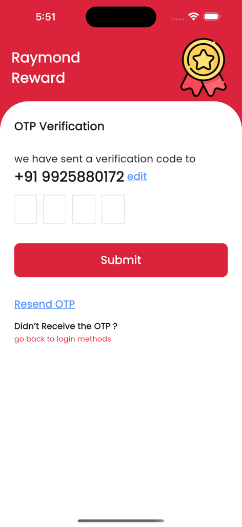 Raymond Rewards mobile app OTP verification screen