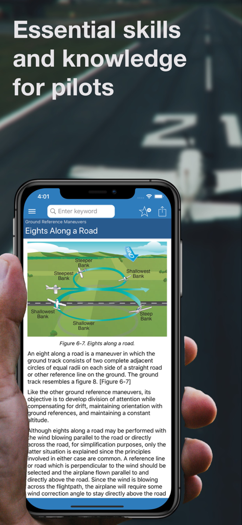 Uma tela de celular exibindo o aplicativo Manual de Voo de Avião com instruções técnicas para manobras de referência de solo