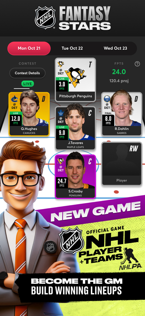 A screenshot of the NHL Fantasy Stars app showing a hockey team lineup with player cards and a GM character