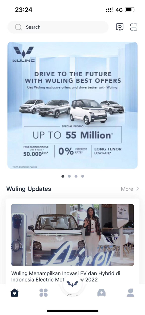 My WULING + - Schermata principale dell'app My WULING plus che mostra promozioni auto correnti e aggiornamenti del marchio più recenti