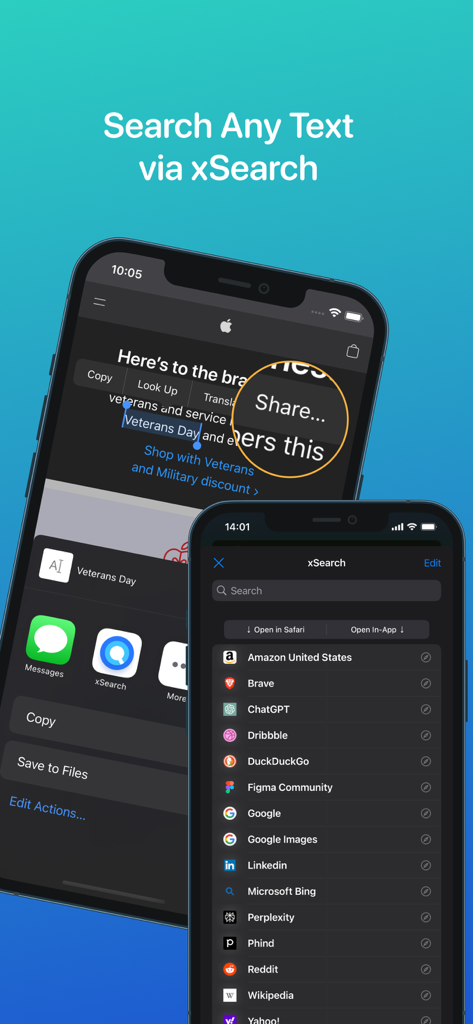 xSearch for Safari - iPhone screenshots showing the xSearch extension in the iOS share menu and a list of supported search engines like ChatGPT and Google