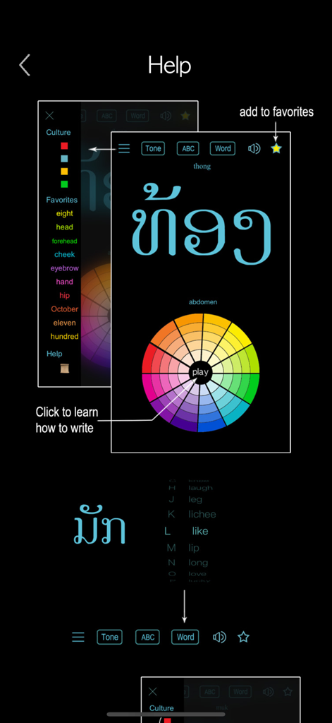 Lao Words & Writing - An instructional help screen for the Lao Words and Writing app explaining features like favorites and script learning.