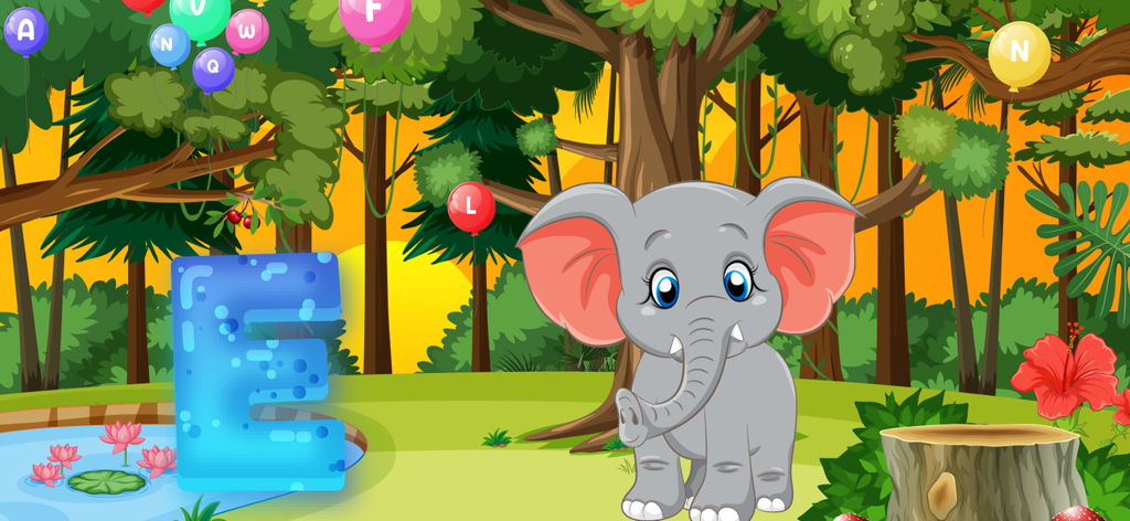 ABC : Alphabet Jungle Animals - Cartoon elephant in a jungle setting next to a large blue letter E