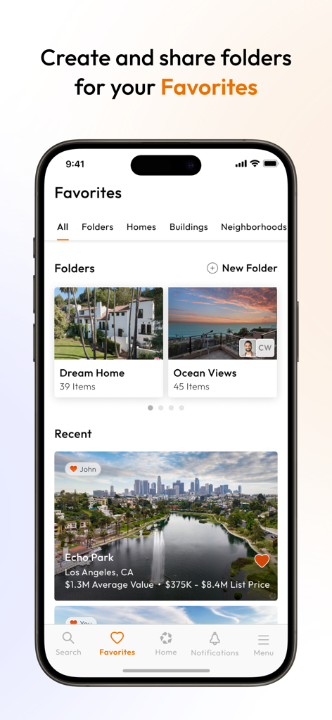 Homes.com app interface showing organized favorites folders and recent real estate listings