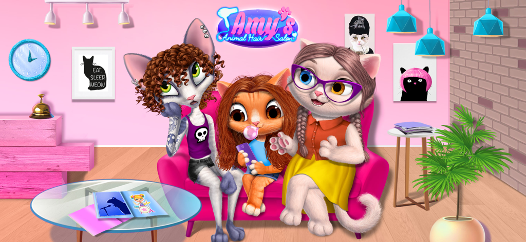 Amy's Animal Hair Salon - Un grupo de gatos lindos con peinados y atuendos únicos sentados juntos en un salón de peluquería colorido