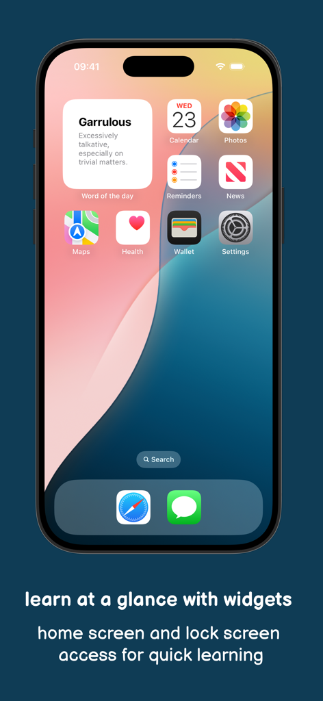 Word of the day - A Word of the day widget on an iPhone home screen displaying a daily vocabulary word and definition for quick learning.