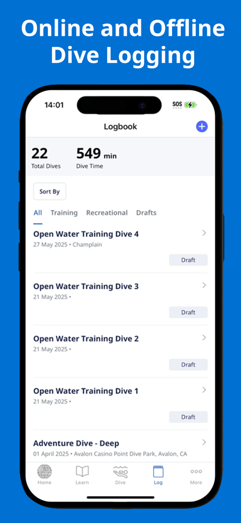 Digital dive logbook in the PADI app showing training dive history and statistics