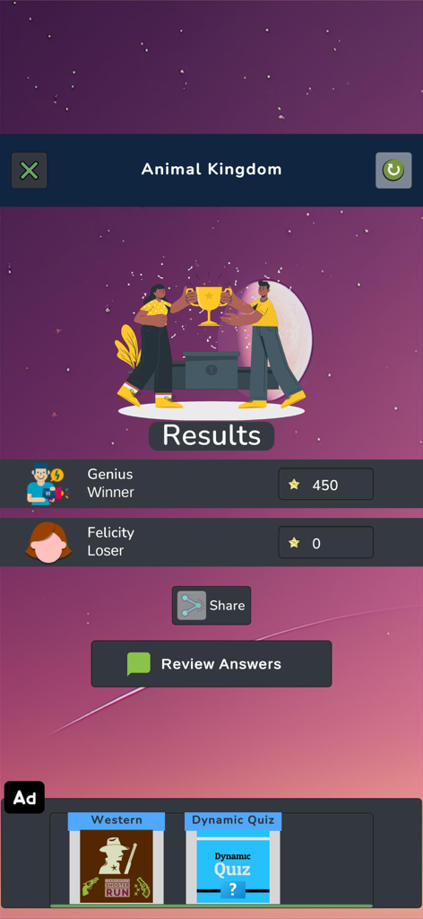 Zoology Knowledge Quiz - Tela de resultados do Quiz de Conhecimentos de Zoologia mostrando pontuações multijogador e o vencedor