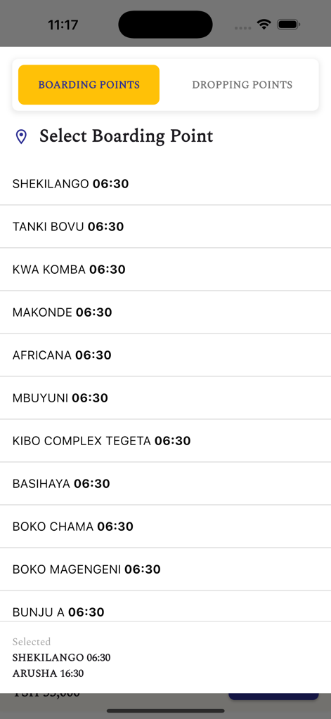 BM Coach - Interface of the BM Coach app showing a list of bus boarding points and departure times in Tanzania