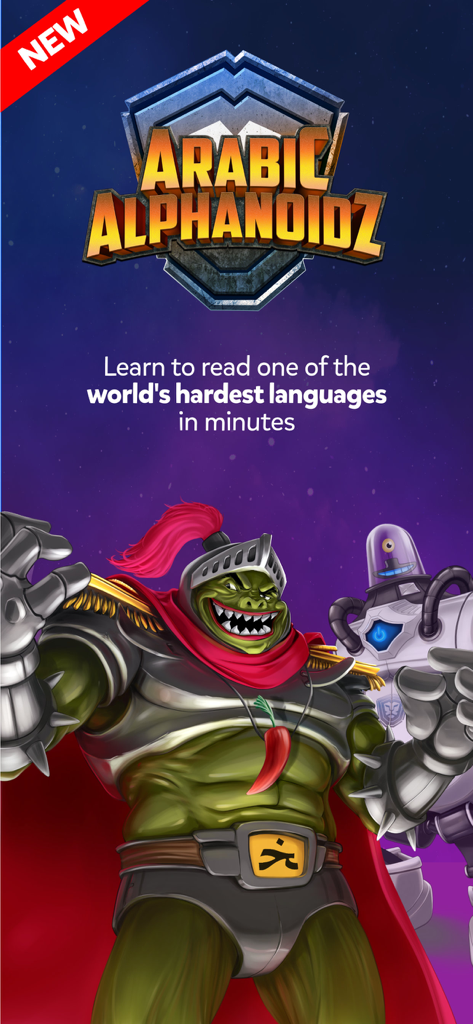 Learn Languages with Dr. Moku - Graphic for Dr. Moku Arabic Alphanoidz featuring a green knight character and robot.