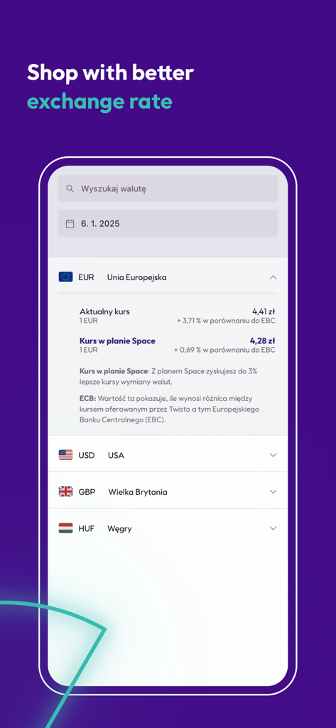 Interfaz de la aplicación Twisto que muestra tipos de cambio de divisas competitivos para compras y viajes internacionales.