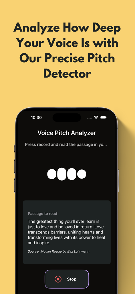 A mobile interface showing the Voice Pitch Analyzer tool in the Deep Voice app where a user reads a text passage to measure vocal depth.
