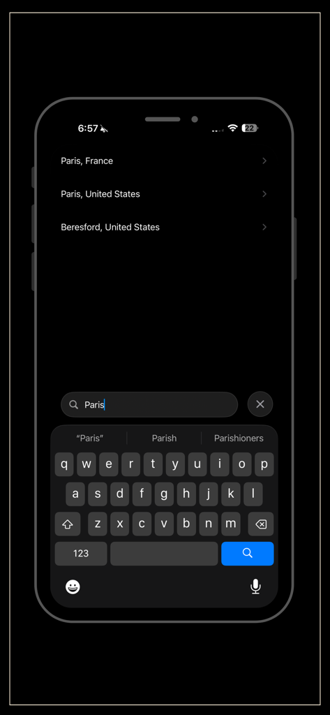 Forecast Pro - A location search interface in the Forecast Pro app showing a search for Paris with a keyboard visible.