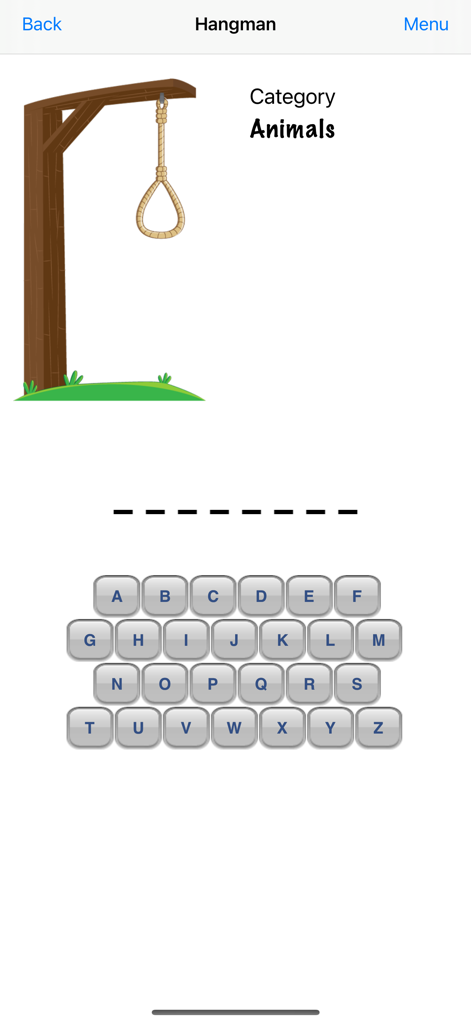 Hangman - The Best Game - Hangman game screen with an eight letter word puzzle in the animals category