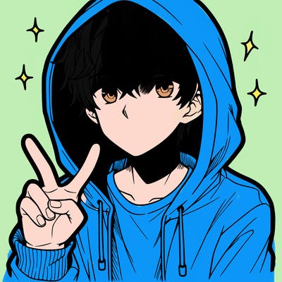 teenage manga boy in a hoodie, doing ✌