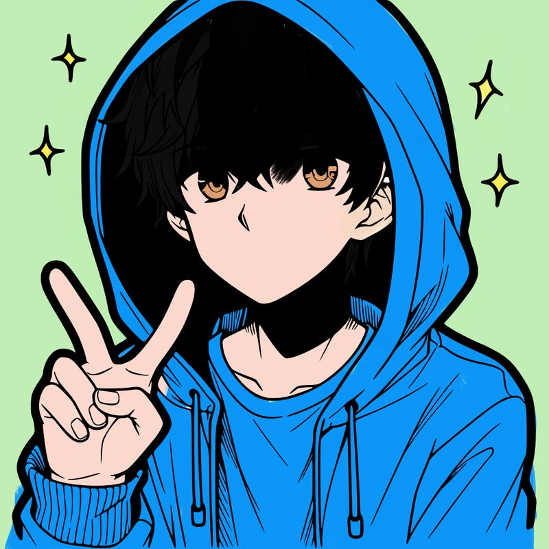 teenage manga boy in a hoodie, doing ✌