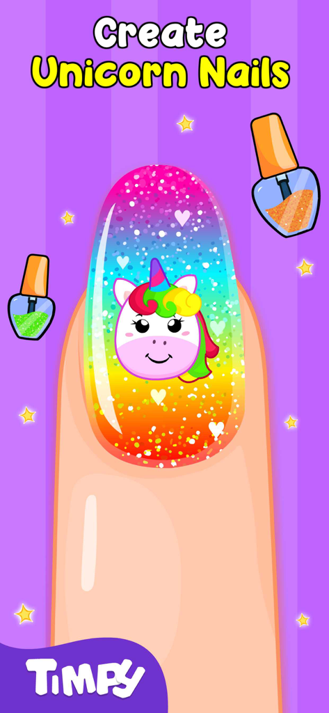 Nail Art Salon Games For Girls - Uma unha com glitter arco-íris com um adesivo fofo de unicórnio do jogo Timpy Nail Art Salon