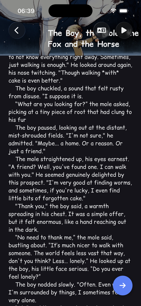 Magic World: Kids Books & Read - 텍스트와 오디오 재생 옵션이 있는 이야기가 표시되는 매직 월드 앱 내 디지털 책 페이지